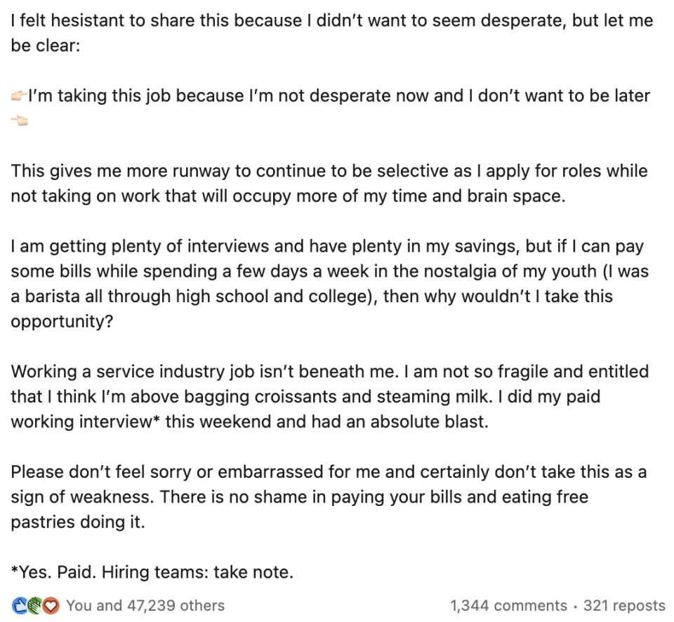 The rest of Karli's post which she states she does not want to desperately job search and that working a service industry job isn't beneath her