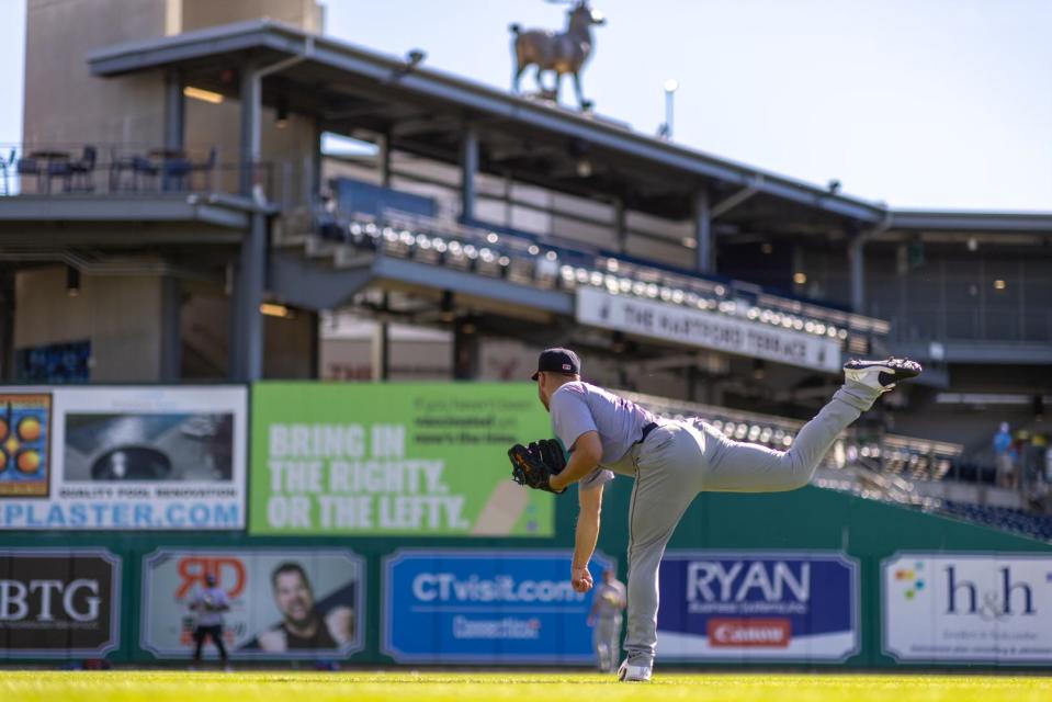 David Griffin, who played at Hanover High and Curry College, warms up in Hartford, Connecticut, before a recent game. Griffin, a member of the Double-A Binghamton (N.Y.) Rumble Ponies, is in his second season in the New York Mets' minor-league system.