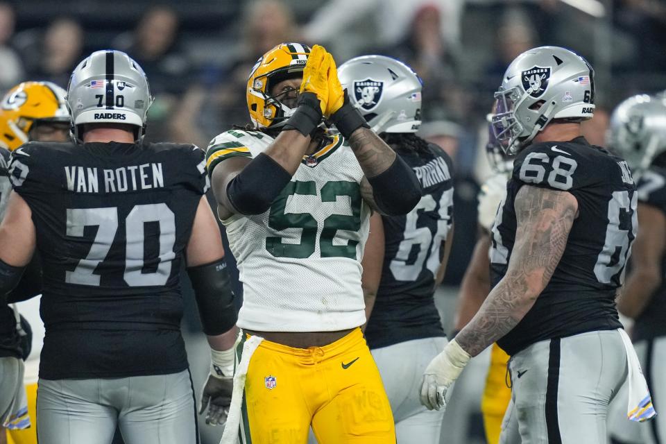 Green Bay Packers' Rashan Gary reacts after sacking Las Vegas Raiders' Jimmy Garoppolo during the second half of an NFL football game Monday, Oct. 9, 2023, in Las Vegas. (AP Photo/John Locher)