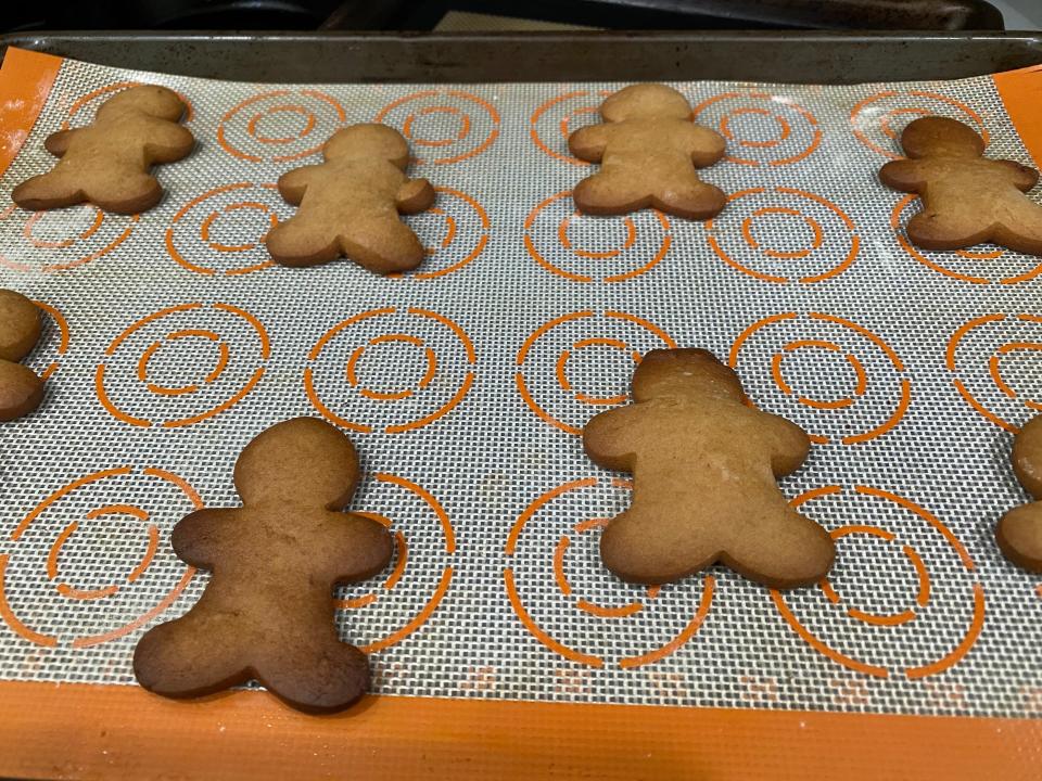 cooked and slightly burnted Duff Goldman gingerbread cookies on sheet