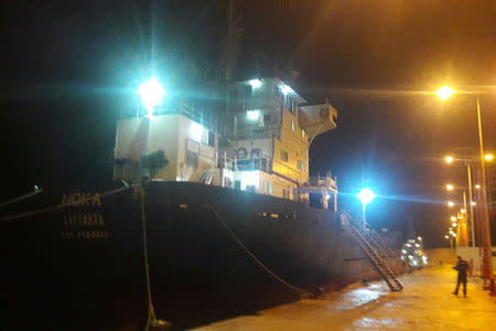 Cargo ship "Noka" is seen moored following an operation of the Hellenic Coast Guard, in which cannabis and super-strength amphetamine pills worth more than 100 million euros were confiscated, at the port of Ierapetra on the island of Crete, Greece. December 5, 2018. Hellenic Coast Guard /Handout via REUTERS