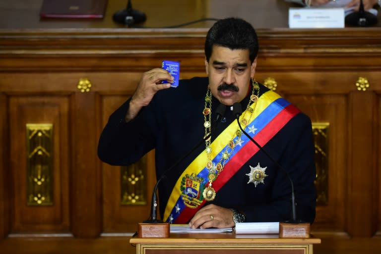 Venezuelan President Nicolas Maduro addresses the all-powerful pro-Maduro assembly which has been placed over the National Assembly and tasked with rewriting the constitution, in Caracas on August 10, 2017