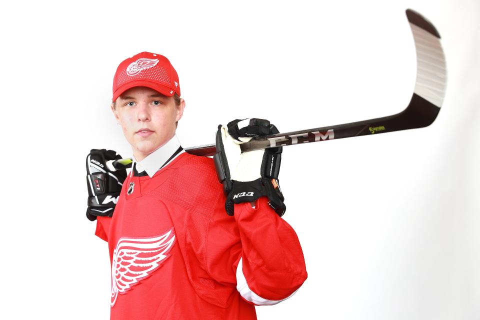 Jonatan Berggren poses after being selected 33rd overall by the Red Wings during the 2018 NHL draft at American Airlines Center on June 23, 2018.