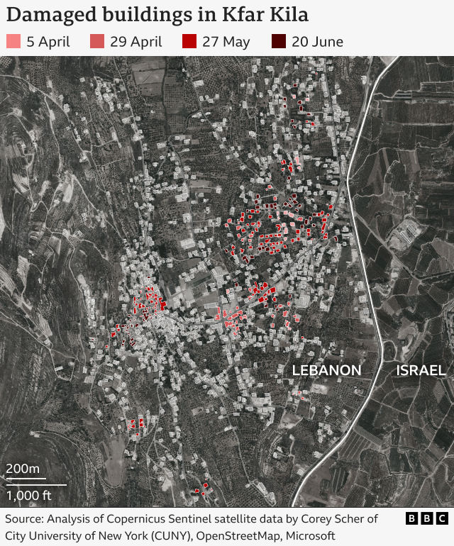 An illustrated map shows the location of damaged buildings in Kfar Kila