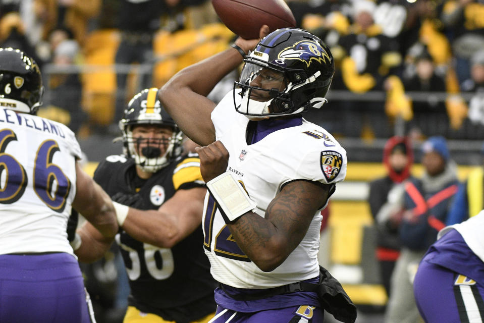 Baltimore Ravens quarterback Anthony Brown throws a pass during the second half of an NFL football game against the Pittsburgh Steelers in Pittsburgh, Sunday, Dec. 11, 2022. (AP Photo/Don Wright)