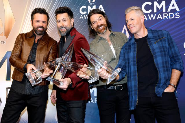 <p>Jason Kempin/Getty</p> Brad Tursi, Matthew Ramsey, Geoff Sprung and Trevor Rosen of Old Dominion at the CMA Awards 2023