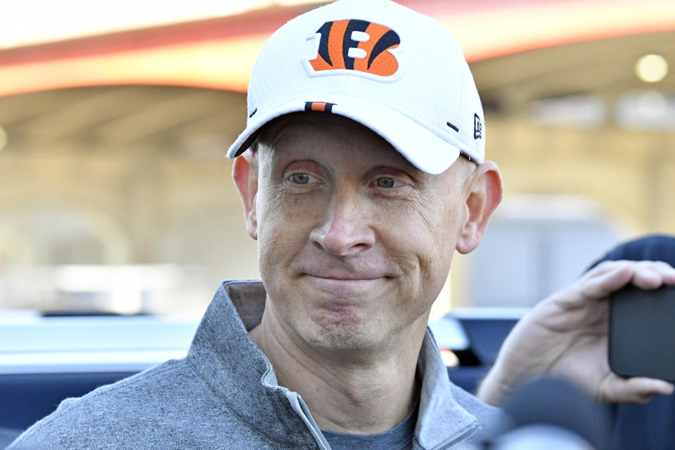 Louisville men's basketball coach Chris Mack speaks to reporters outside the team's practice facility in Louisville, Ky., Wednesday, Jan. 26, 2022. Louisville’s Board of Trustees and the school's Athletic Association have scheduled a joint meeting for Wednesday amid a report that coach Chris Mack will soon be out. (AP Photo/Timothy D. Easley)