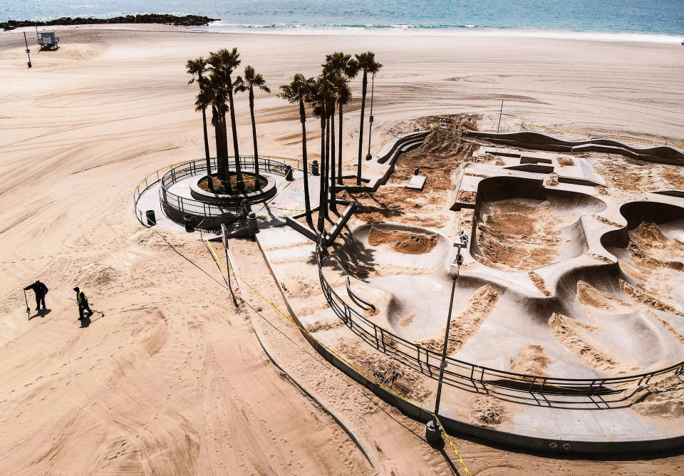 Venice Skate Park, partially filled with sand to deter people from skating there, on April 17, 2020.