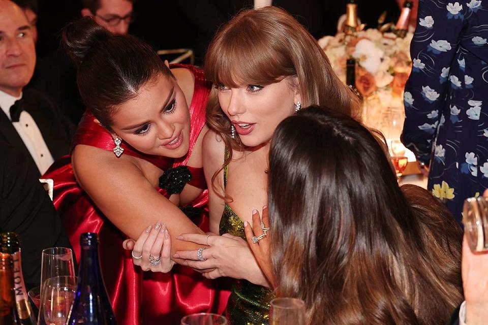 <p>Christopher Polk/Golden Globes 2024/Golden Globes 2024 via Getty </p> Selena Gomez, Taylor Swift and Keleigh Teller at the Golden Globes on Jan. 7, 2024