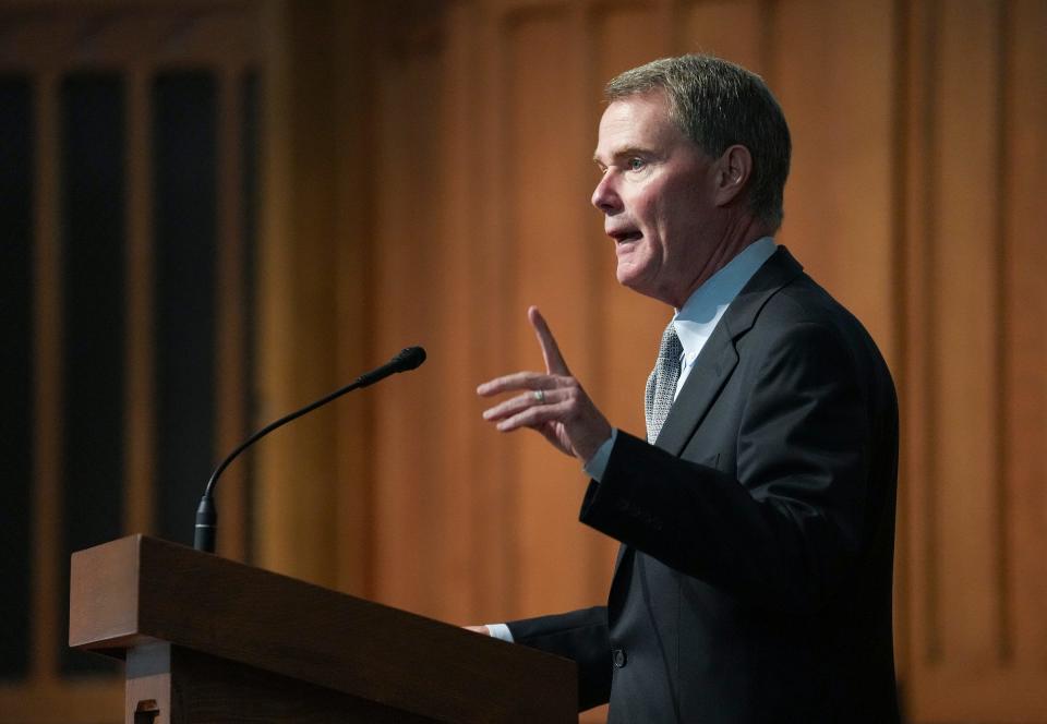 Mayor Joe Hogsett speaks during a Q&A forum hosted by Historic Urban Neighborhoods of Indianapolis and Indiana Landmarks on Thursday, Sept. 28, 2023, at the Indiana Landmarks Center in Indianapolis. The Indianapolis mayoral election will be held November 7, 2023.