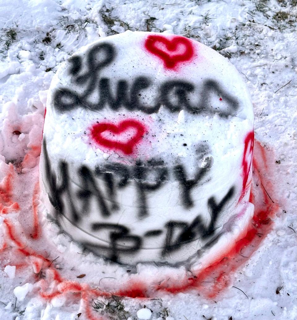 Iveta Buck and family make snow art every year, sometimes for birthdays.
