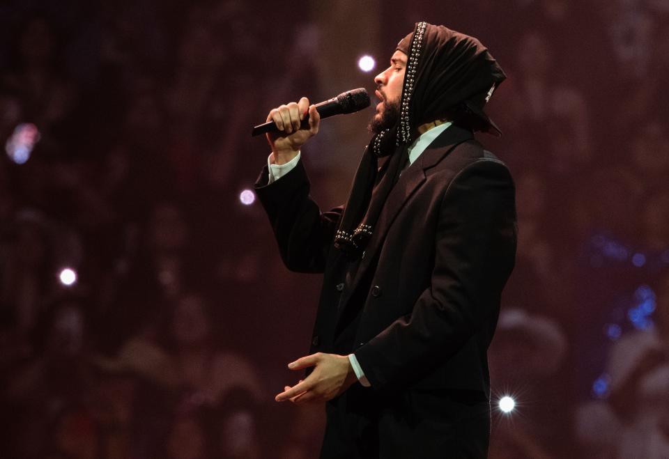 Bad Bunny performs on stage for his “Most Wanted Tour” at Bridgestone Arena in Nashville, Tenn., Saturday, May 11, 2024.