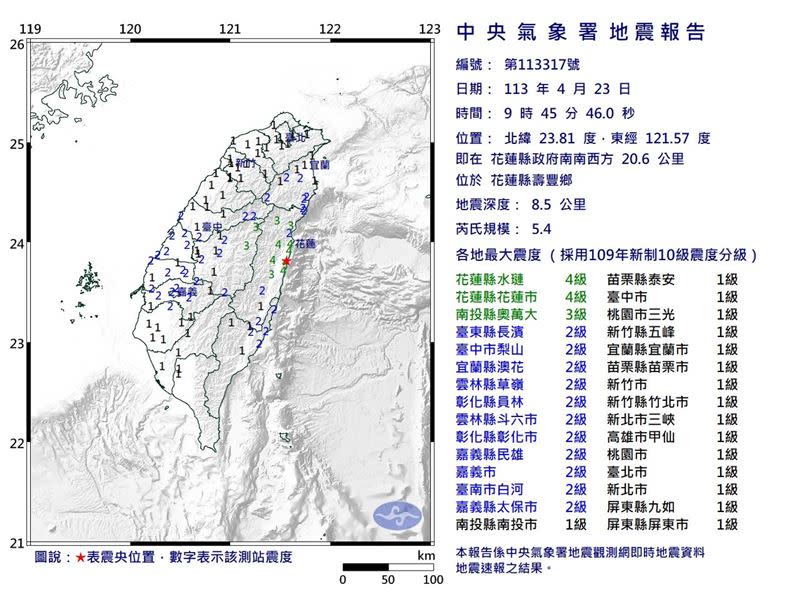 4月23日9:54發生規模5.4地震，最大震度3強。（圖／翻攝自中央氣象署）