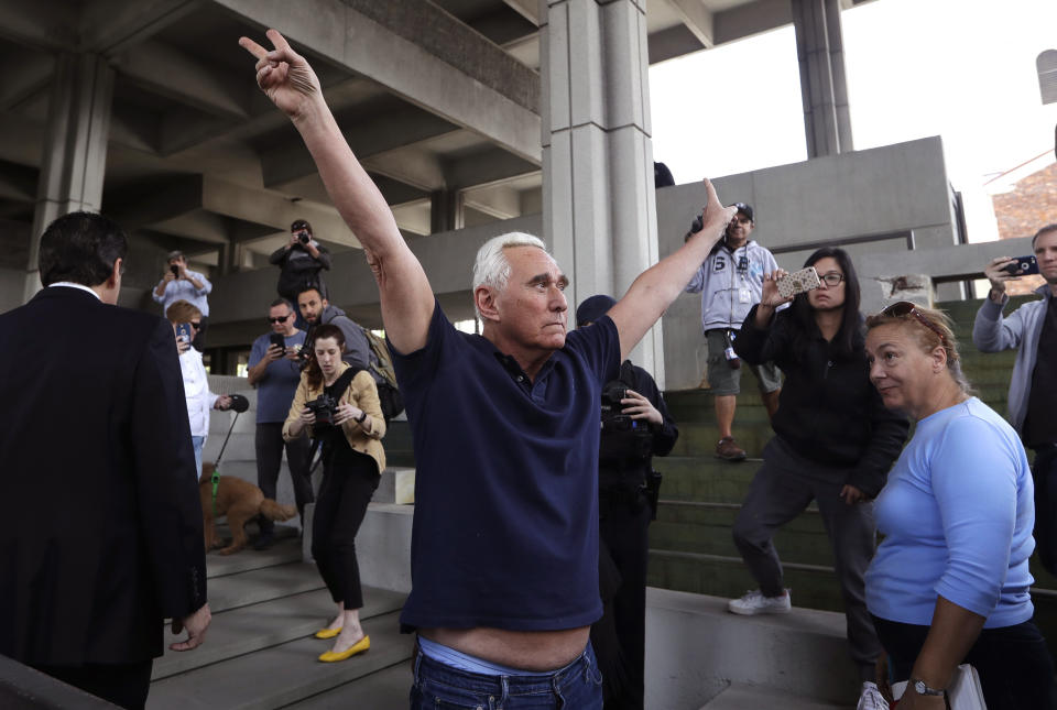 Former campaign adviser for President Donald Trump, Roger Stone leaves the federal courthouse following a hearing, Friday, Jan. 25, 2019, in Fort Lauderdale, Fla. Stone was arrested Friday in the special counsel's Russia investigation and was charged with lying to Congress and obstructing the probe. (AP Photo/Lynne Sladky)