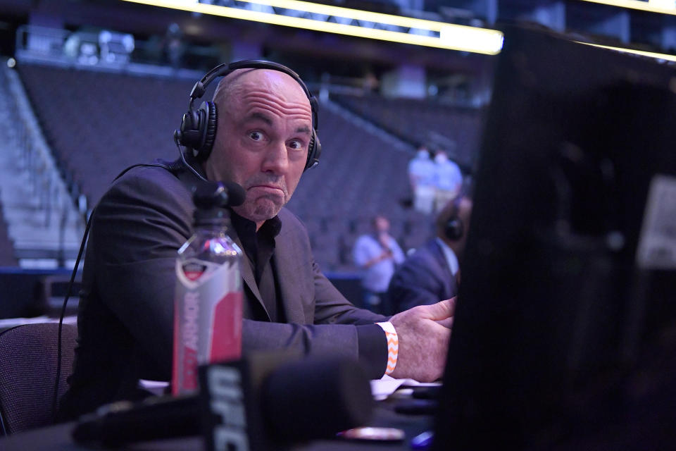 JACKSONVILLE, FLORIDA - MAY 09: Announcer Joe Rogan reacts during UFC 249 at VyStar Veterans Memorial Arena on May 09, 2020 in Jacksonville, Florida. (Photo by Douglas P. DeFelice/Getty Images)