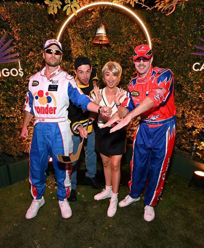 actors dressed as nascar drivers, a hockey player