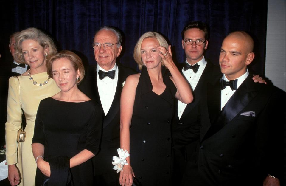 From left to right: Anna Maria Torv (Rupert’s wife from 1967-99), Prudence, Rupert, Elisabeth, James and Lachlan Murdoch in New York in 1997 (Alamy)