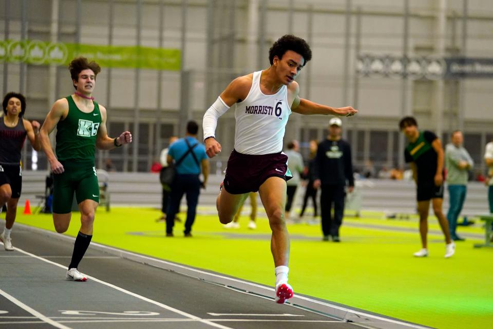 Jason Meza of Morristown places first in the 300-meter dash during the Morris County winter track championships at the Ocean Breeze Athletic Complex in Staten Island on Jan. 30, 2023.