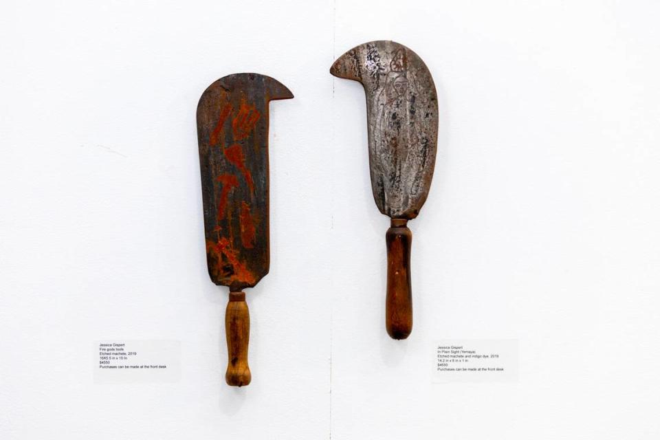 Artworks entitled ‘Fire gods tools’, left, and ‘ In Plain Sight (Yemaya)’, right by artist Jessica Gispert is displayed at the Art Prizm Fair during Art Basel in the Design District neighborhood of Miami, Florida, on Tuesday, November 29, 2022.