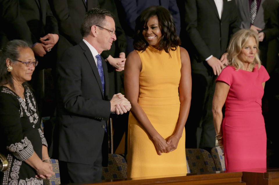 Michelle Obama in Narciso Rodriguez at her husband’s last State of the Union on January 12, 2016. 