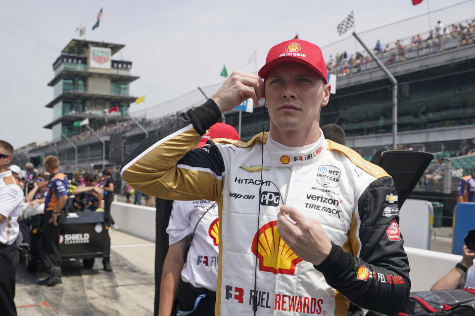 Josef Newgarden prepares to drive during qualifications for the Indianapolis 500 auto race at Indianapolis Motor Speedway, Saturday, May 21, 2022, in Indianapolis. (AP Photo/Darron Cummings)
