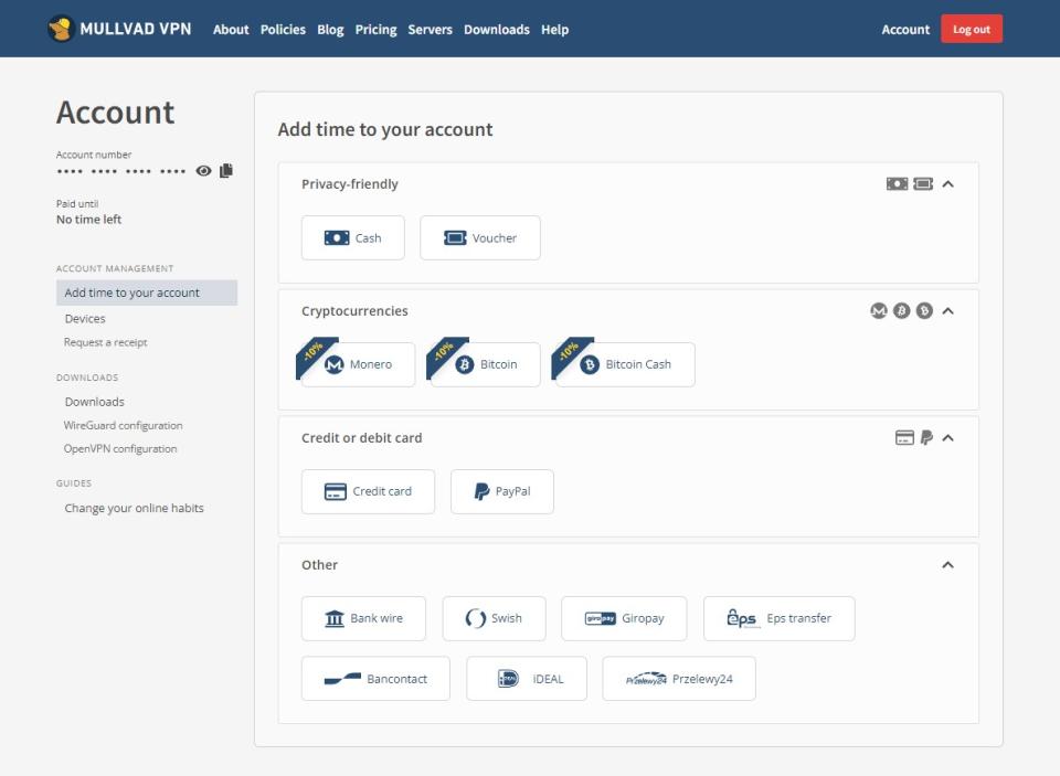 Screenshot of Mullvad payment methods