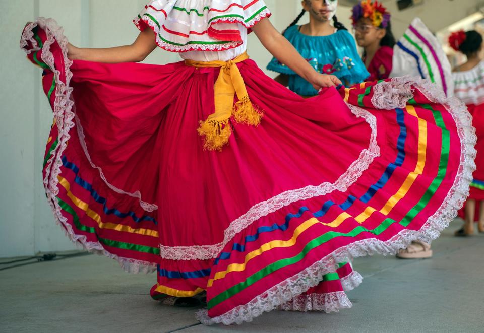 Dancers with Fremont Elementary School perform folklorico dances at the annual Dia De Los Muertos Community Street Fiesta at the Mexican Heritage Center in downtown Stockton on Saturday, Oct. 29, 2022.