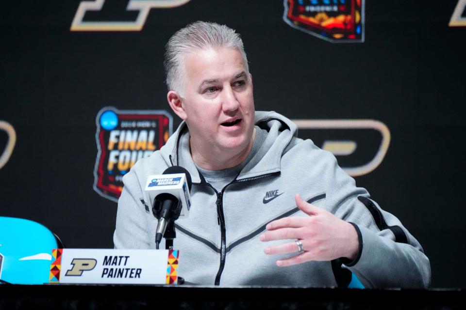 Purdue Boilermakers head coach Matt Painter speaks at a press conference during practice before the 2024 Final Four of the NCAA Tournament at State Farm Stadium.