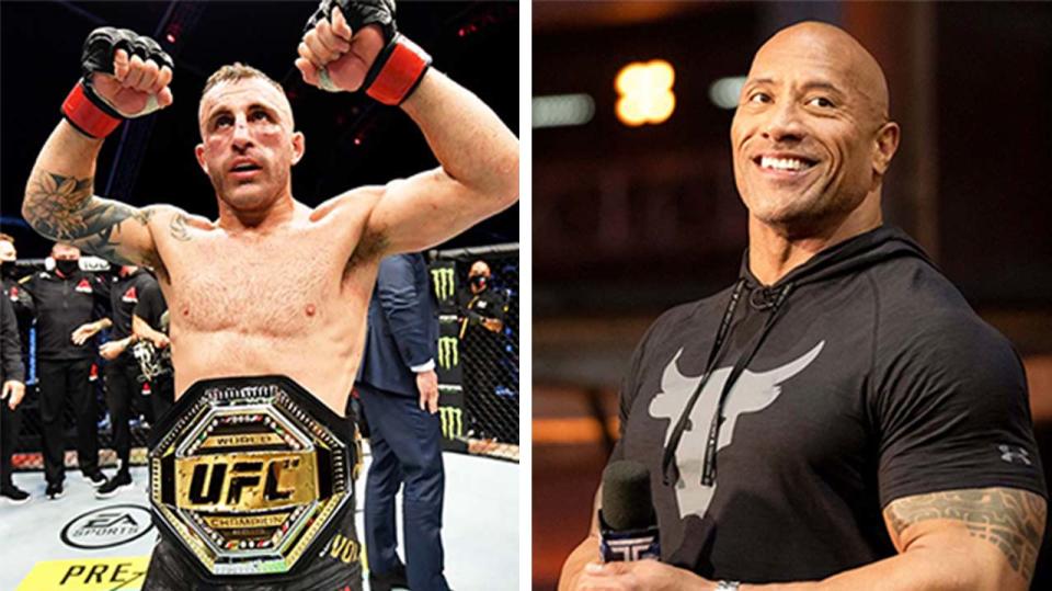 Dwayne 'The Rock' Johnson (pictured right) during a TV show and (pictured left) Alexander Volkanovski's celebrating with his title.