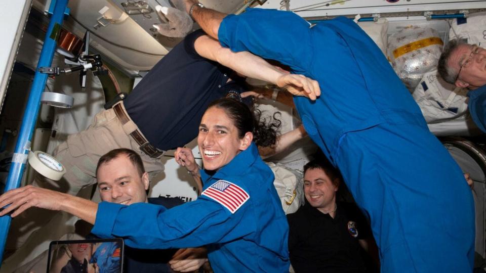 NASA astronaut and Marine Lt. Col. Jasmin Moghbeli poses for a photo in the first moments the Crew-7 quartet is onboard the International Space Station after hatch opening on Aug. 27. (NASA)