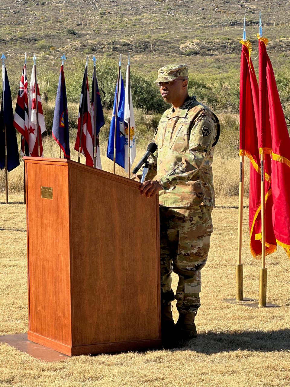 Col. George Turner speaks to White Sands Missile Range personnel during a change of command ceremony on Nov. 2, 2023.