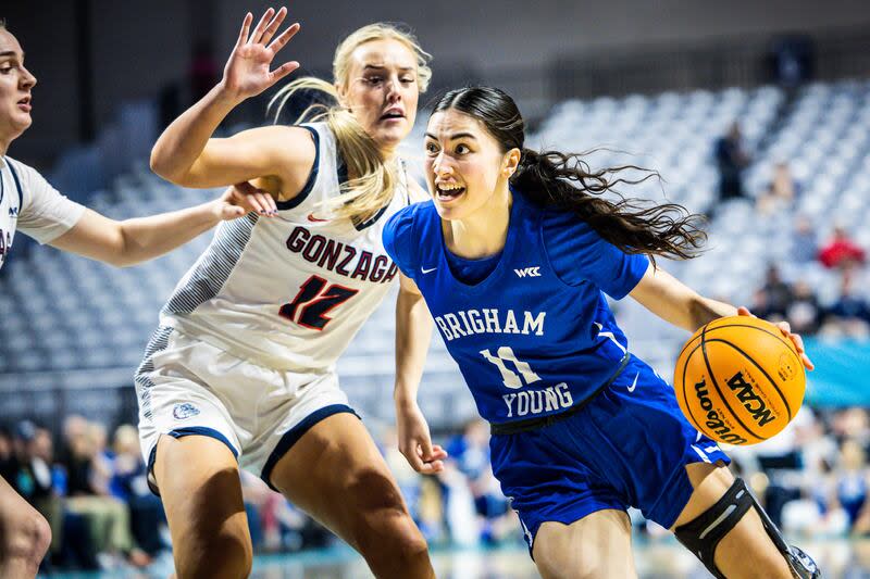 BYU’s Kaylee Smiler drives during WCC tournament semifinal game against Gonzaga on Monday, March 6, 2023, in Las Vegas