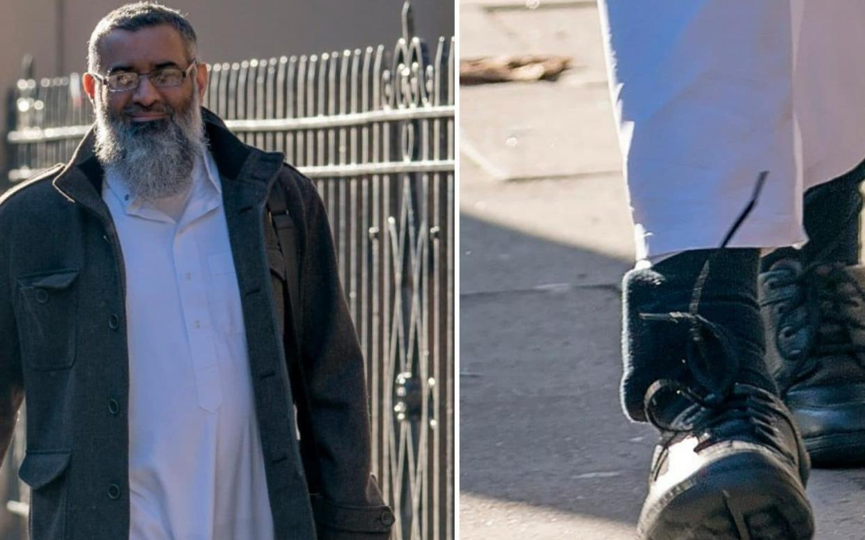 Anjem Choudary, pictured on Sunday wearing an electronic tag - Steve Finn