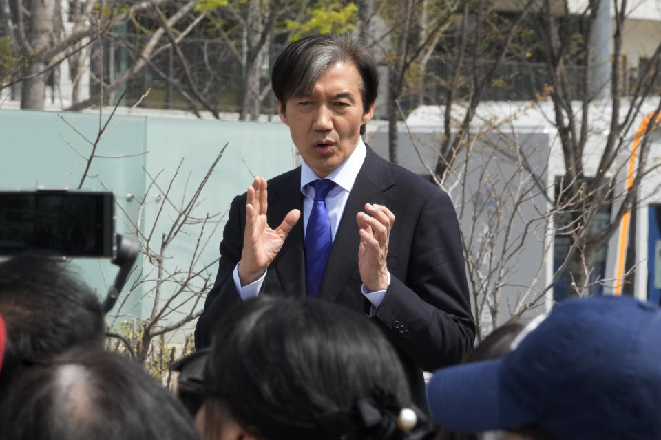 Cho Kuk, leader of the South Korean Rebuilding Korea Party, speaks during a campaign rally for the upcoming parliamentary election in Seoul, South Korea, Thursday, April 4 2024. As South Koreans prepare to vote for a new 300-member parliament next week, many are choosing their livelihoods and other domestic topics as their most important election issues. This represents a stark contrast from past elections, which were overshadowed by security and foreign policy issues like North Korean nuclear threats and the U.S. security commitment. (AP Photo/Ahn Young-joon)