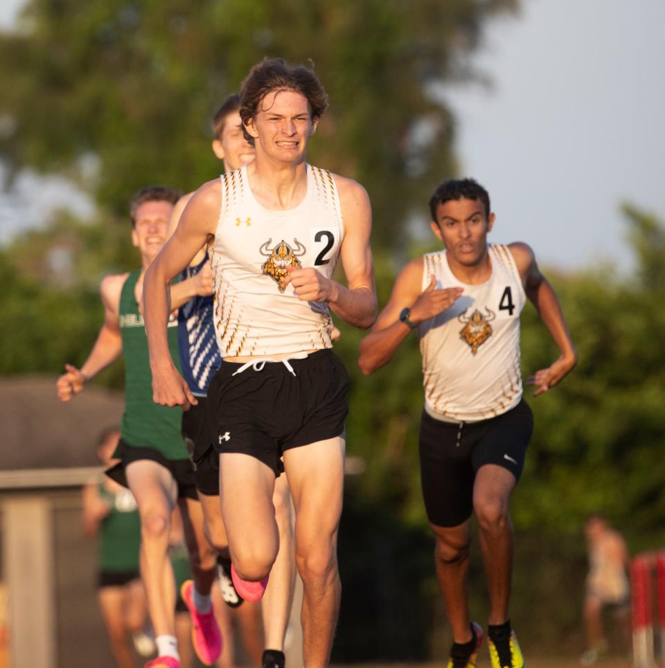 Andrew Marino from Bishop Verot wins the boys 800 during the Private 8 track and field meet at Evangelical School on Friday, April 19, 2024.