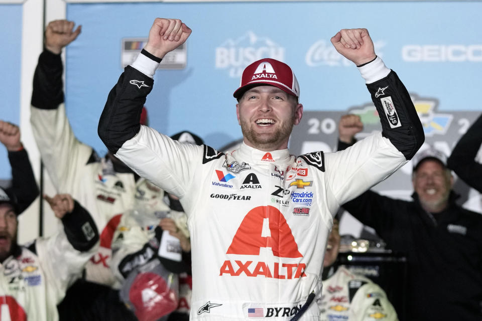 William Byron celebrates in Victory Lane after winning the NASCAR Daytona 500 auto race at Daytona International Speedway, Monday, Feb. 19, 2024, in Daytona Beach, Fla. (AP Photo/John Raoux)