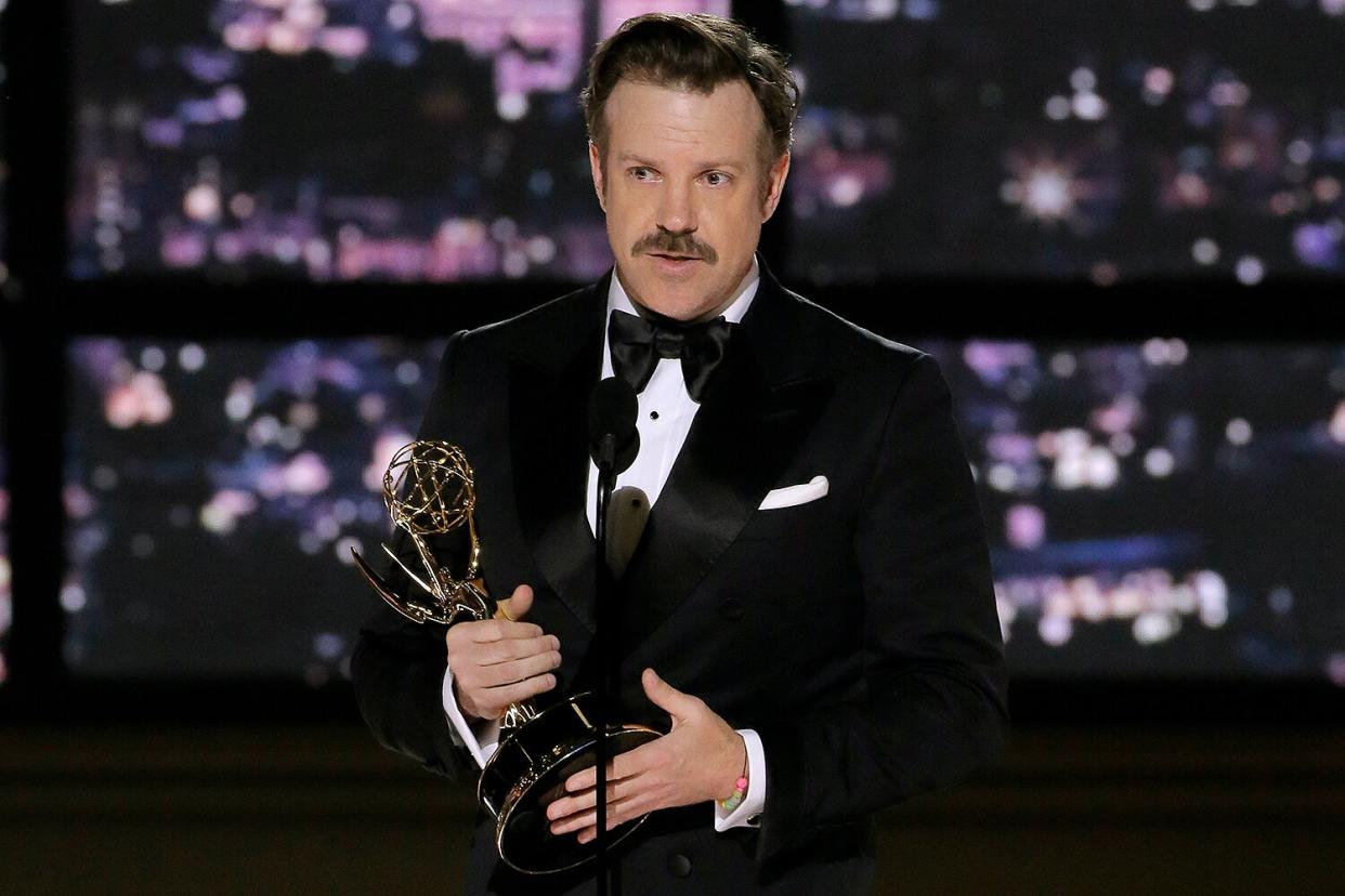 Jason Sudeikis accepts the Outstanding Lead Actor in a Comedy Series award for "Ted Lasso" on stage during the 74th Annual Primetime Emmy Awards held at the Microsoft Theater on September 12, 2022.