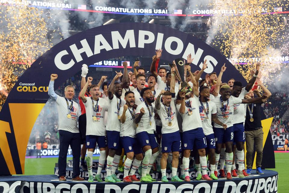 The USMNT celebrates after defeating Mexico in the Concacaf Gold Cup final.