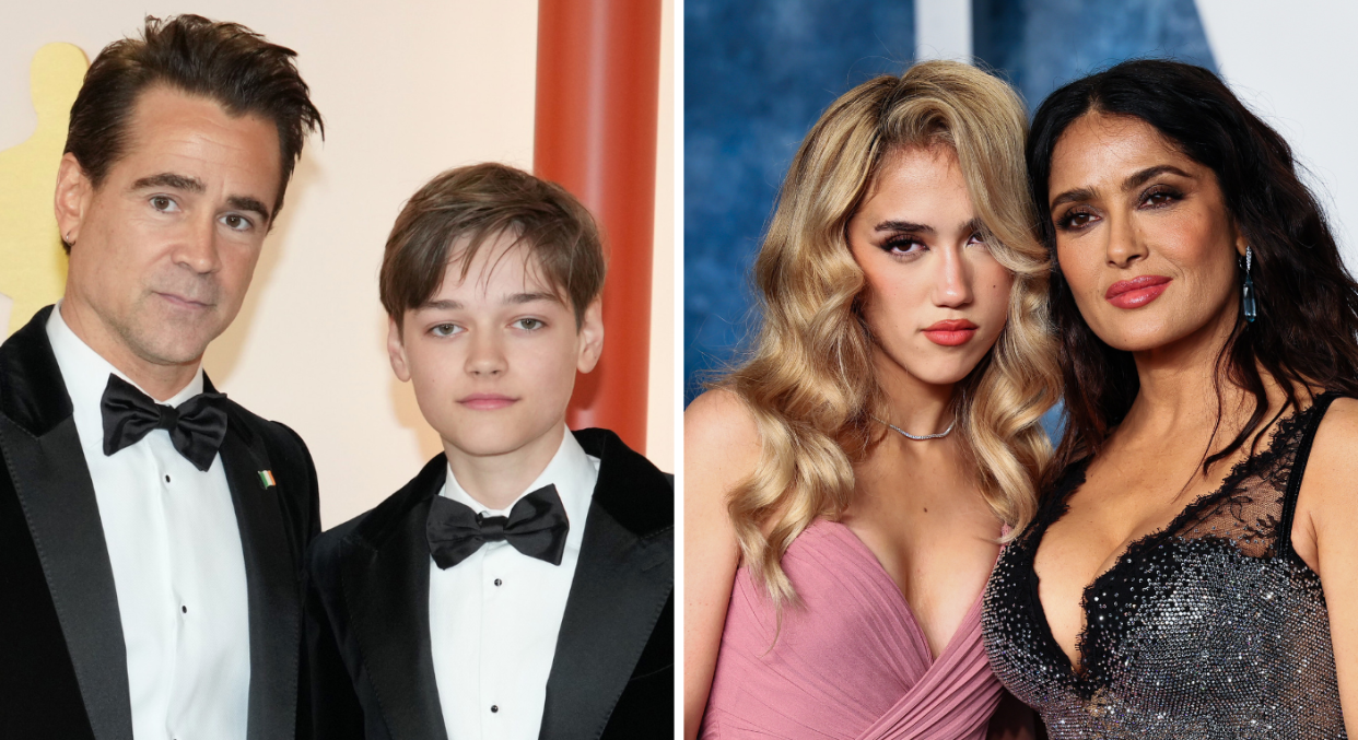 A split image of Colin Farrell and his son Henry (left), and Salma Hayek and her daughter Valentina (right) attend the 2023 Oscars. (Getty Images)