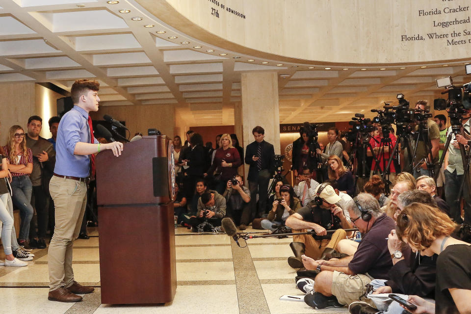 <p>Kevin Trejos, a student from Marjory Stoneman Douglas High School, speaks at the Florida state Capitol building on Feb. 21, 2018 in Tallahassee, Fla. (Photo: Don Juan Moore/Getty Images) </p>