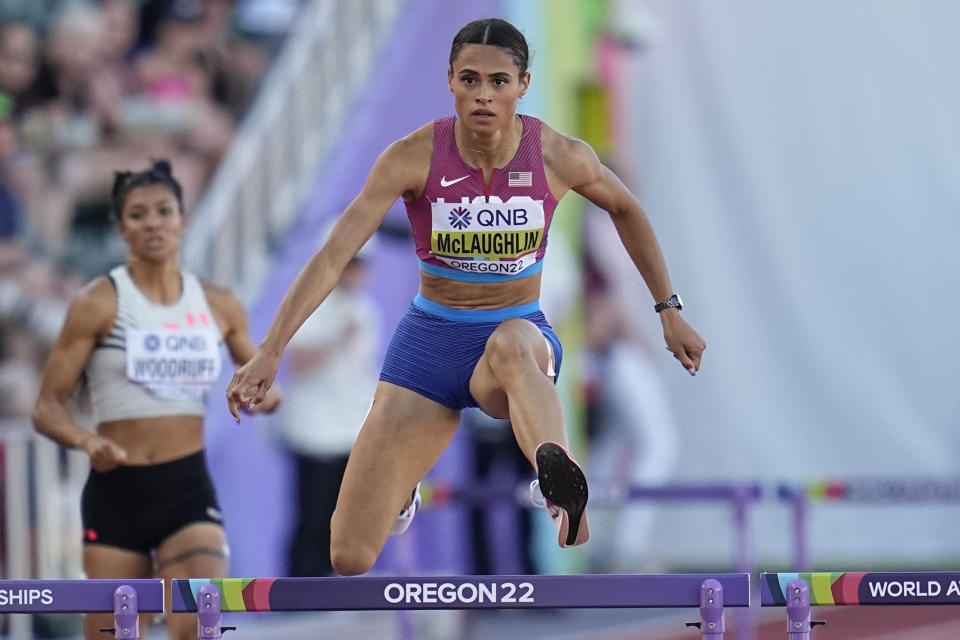 Sydney Mclaughlin, of the United States, wins in the semifinal of the women's 400-meter hurdles at the World Athletics Championships on Wednesday, July 20, 2022, in Eugene, Ore. (AP Photo/Ashley Landis)