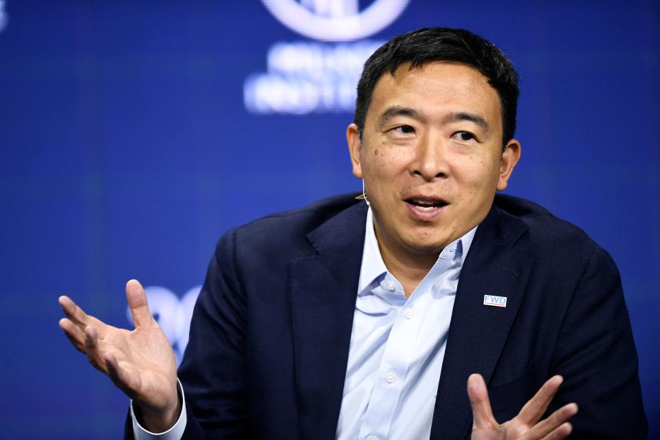 Andrew Yang, founder of the Forward Party, speaks during the Milken Institute Global Conference on October 20, 2021 in Beverly Hills, California. (Photo by Patrick T. FALLON / AFP) 