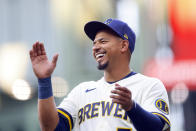 Milwaukee Brewers third baseman Eduardo Escobar attends warmups before a baseball game against the Pittsburgh Pirates, Monday, Aug. 2, 2021, in Milwaukee. (AP Photo/Jeffrey Phelps)