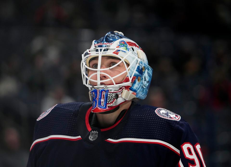 Columbus Blue Jackets goaltender Elvis Merzlikins (90) against Philadelphia Flyers during the 2nd period of their NHL game at Nationwide Arena in Columbus, Ohio on April 7, 2022.  