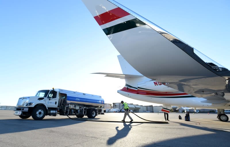 A business jet is refuelled using Jet A fuel at the Henderson Executive Airport during the National Business Aviation Association (NBAA) exhibition in Las Vegas