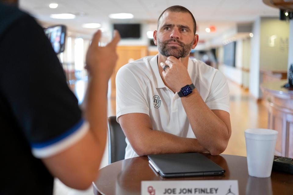 OU tight ends coach Joe Jon Finley speaks during a media day for the University of Oklahoma Sooners (OU) football team in Norman, Okla., Tuesday, Aug. 1, 2023.
