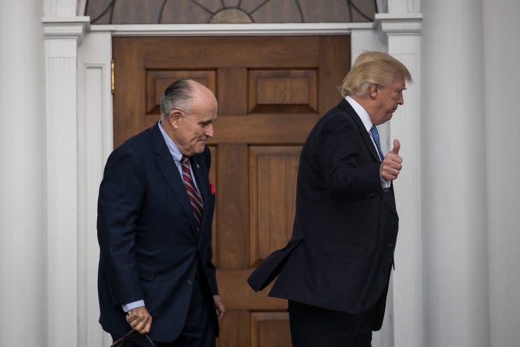 Giuliani and Trump head into the clubhouse for their meeting at Trump International Golf Club, November 20, 2016 in Bedminster Township, N.J., on Nov. 20, 2016. (Drew Angerer/Getty Images)