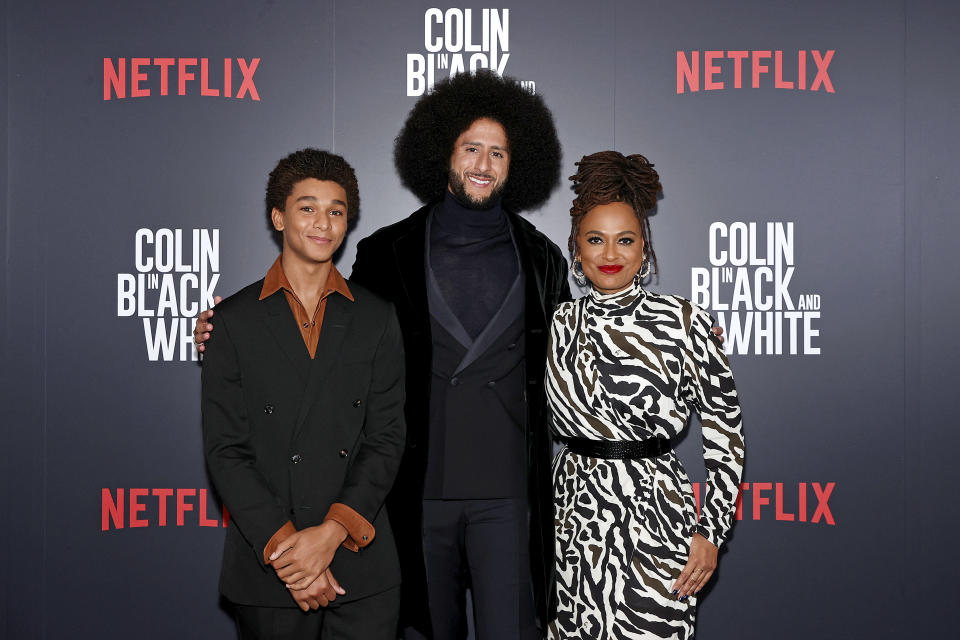 NEW YORK, NEW YORK - OCTOBER 26: (L-R) Jaden Michael, Colin Kaepernick, and Ava DuVernay attend the Netflix Limited Series Colin In Black And White Special Screening at The Whitby Hotel on October 26, 2021 in New York City. (Photo by Arturo Holmes/Getty Images for Netflix)