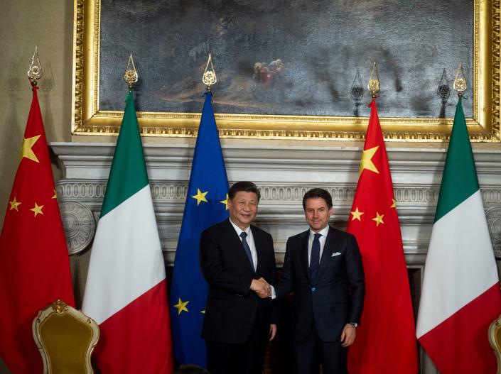 Italian Premier Giuseppe Conte and Chinese President Xi Jinping shake hands after the signing ceremony on Belt and Road Initiative, on March 23, 2019 in Rome, Italy.