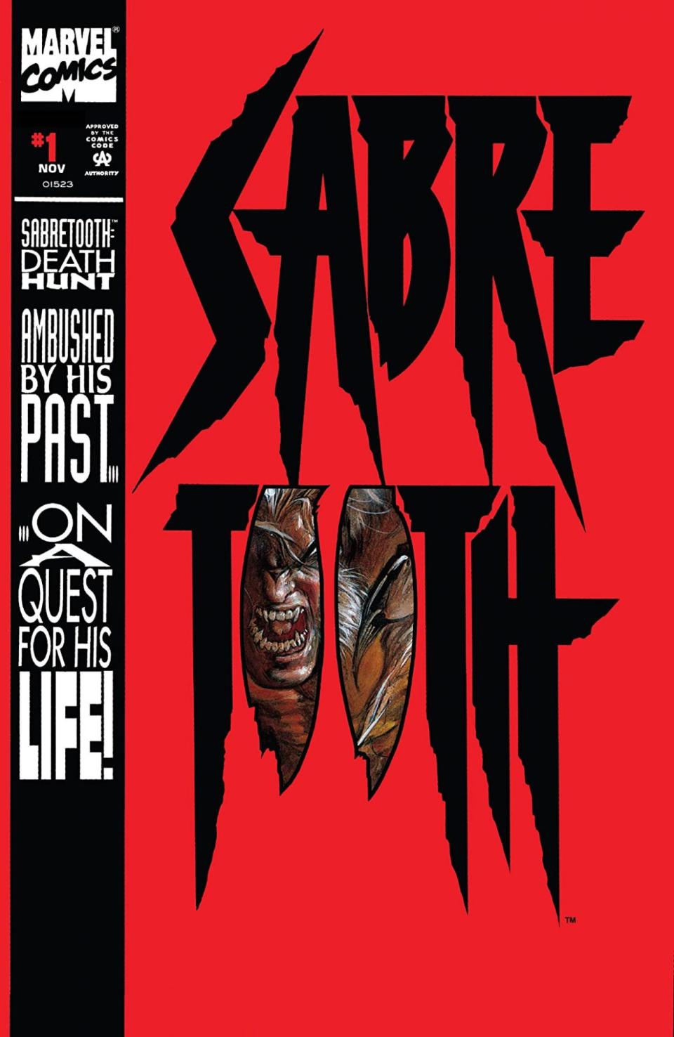 The cover for Sabretooth #1 shows the words Sabretooth with a cut out underneath that shows Sabretooth through the letters OO